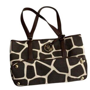 Michael Kors Brown &‎ Cream Giraffe Print Canvas Tote Bag Purse Gold Hardware